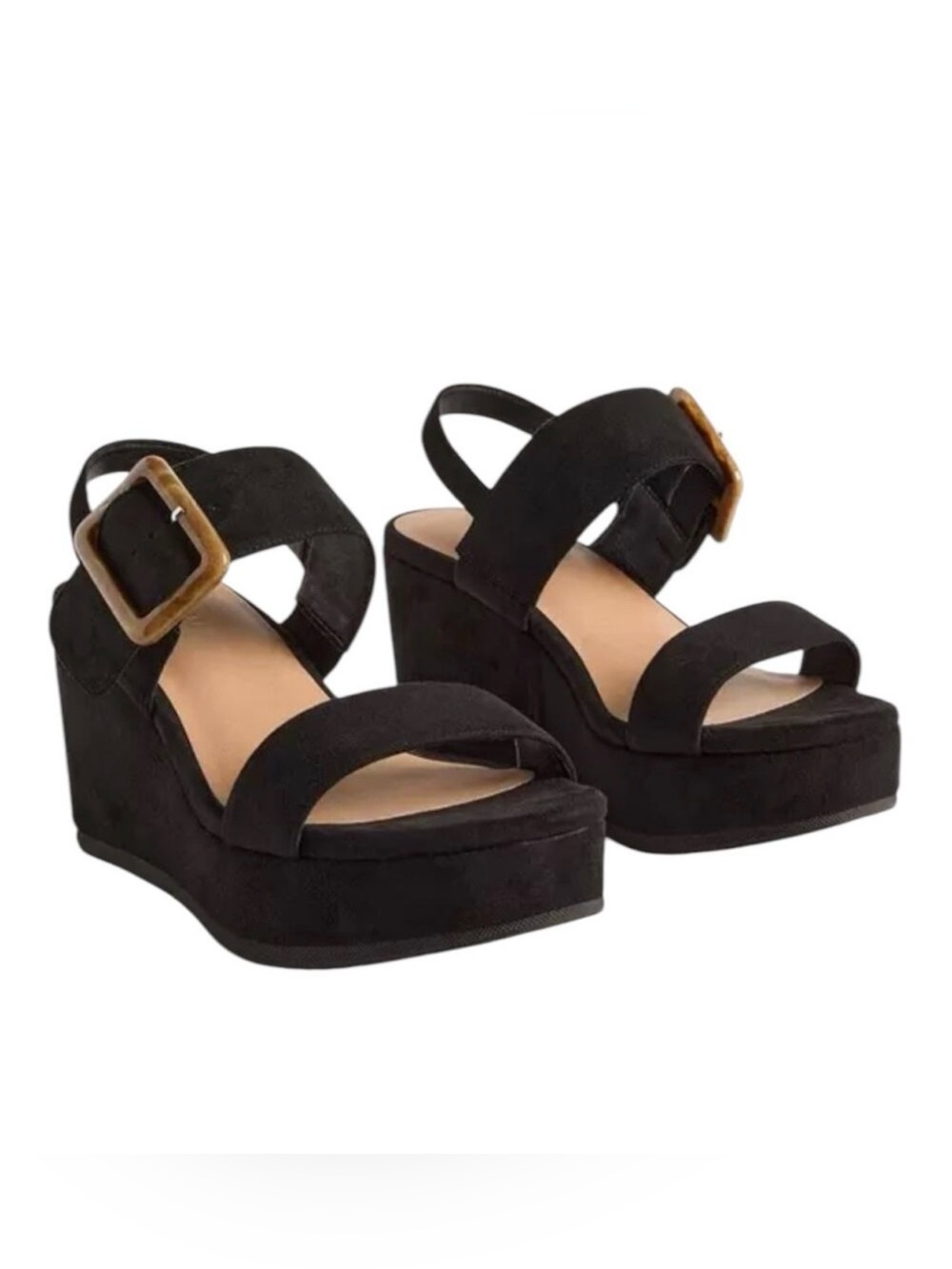 torrid WIDE WIDTH Black Suede Platform Wedge Sandals with Accent Buckles